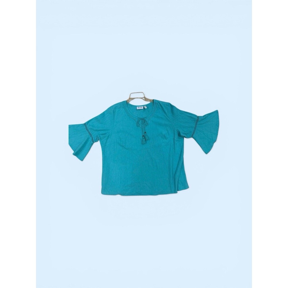 d&co Denim & Company Women’s 1X Turquoise Boho Peasant Blouse - Picture 9 of 12